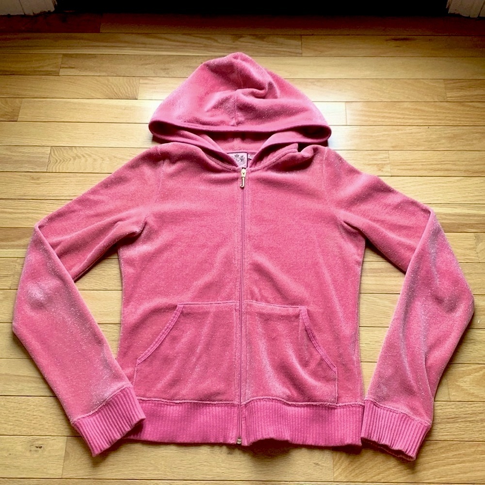JUICY COUTURE VINTAGE CLASSIC PINK HOODIE WITH GOLD JUICY AND GOLD FLECKS